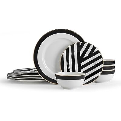 Mikasa Luxe Deco Service de table en porcelaine 12 pièces, service de table pour 4 avec impression géométrique 4x assiettes plates, 4x assiettes d'accompagnement et 4x bols Mikasa Luxe Deco Service de table en porcelaine 12 pièces, service de table pour 4 avec impression géométrique 4x assiettes plates, 4x assiettes d'accompagnement et 4x bols