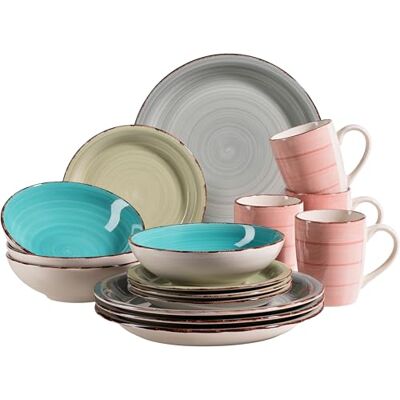 MÄSER 931499 Bel Tempo II Service de table vintage 16 pièces pour 4 personnes en céramique peinte à la main Multicolore Grès Bleu fumé/turquoise/vert/rose MÄSER 931499 Bel Tempo II Service de table vintage 16 pièces pour 4 personnes en céramique peinte à la main Multicolore Grès Bleu fumé/turquoise/vert/rose