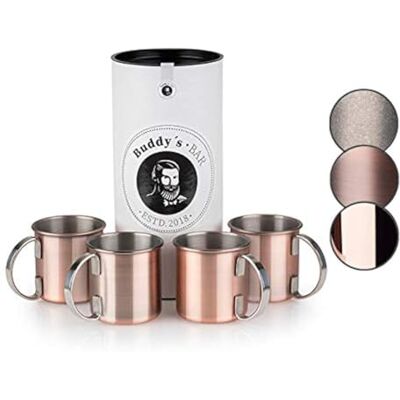 Buddy´s Bar Lot de 4 gobelets Moscow Mule 450 ml En acier inoxydable de qualité supérieure Qualité alimentaire Avec boîte cadeau Cuivre antique Buddy´s Bar Lot de 4 gobelets Moscow Mule 450 ml En acier inoxydable de qualité supérieure Qualité alimentaire Avec boîte cadeau Cuivre antique