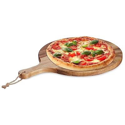 Relaxdays Planche à pizza, plateau rond en bois d’acacia, diamètre de 35,5 cm, avec poignée, nature Relaxdays Planche à pizza, plateau rond en bois d’acacia, diamètre de 35,5 cm, avec poignée, nature
