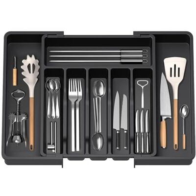 HIYAA Plateau à ustensiles extensible pour tiroir, couverts, organisateur de tiroir de cuisine, support de rangement en plastique pour couverts, cuillères, fourchettes, etc. Noir HIYAA Plateau à ustensiles extensible pour tiroir, couverts, organisateur de tiroir de cuisine, support de rangement en plastique pour couverts, cuillères, fourchettes, etc. Noir