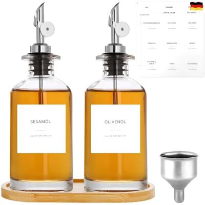 Otauoaea Lot de 2 bouteilles d'huile d'olive Bouteilles d'huile à remplir 350 ml Avec étiquettes et entonnoirs Plateau en bambou Argenté Otauoaea Lot de 2 bouteilles d'huile d'olive Bouteilles d'huile à remplir 350 ml Avec étiquettes et entonnoirs Plateau en bambou Argenté