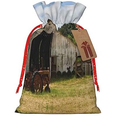 FRESQA Vieille grange en bois avec tracteur rouillé sacs cadeaux de Noël, sacs réutilisables de bonbons de Noël pour cadeaux, fête de Noël, vacances FRESQA Vieille grange en bois avec tracteur rouillé sacs cadeaux de Noël, sacs réutilisables de bonbons de Noël pour cadeaux, fête de Noël, vacances