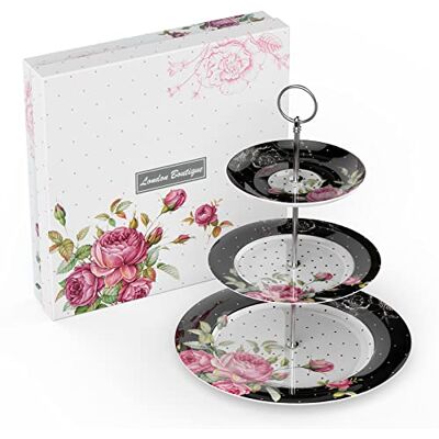 London Boutique Présentoir à gâteaux à 3 étages en porcelaine anglaise Motif floral vintage Noir London Boutique Présentoir à gâteaux à 3 étages en porcelaine anglaise Motif floral vintage Noir
