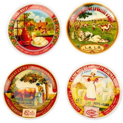GENEVIEVE LETHU 544001 Collection de 4 assiettes à fromage Ø 20,5 cm. Thème boîtes à Camenbert. Lot de 4 Assiettes à dessert + coffret cadeau GENEVIEVE LETHU 544001 Collection de 4 assiettes à fromage Ø 20,5 cm. Thème boîtes à Camenbert. Lot de 4 Assiettes à dessert + coffret cadeau
