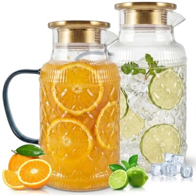 KEGAJEGA Lot de 2 pichets en verre borosilicate avec couvercle 2 l Carafe rétro en verre borosilicate Résistante à la chaleur Carafe rétro en verre avec filtre en acier inoxydable et bec verseur KEGAJEGA Lot de 2 pichets en verre borosilicate avec couvercle 2 l Carafe rétro en verre borosilicate Résistante à la chaleur Carafe rétro en verre avec filtre en acier inoxydable et bec verseur