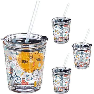 Relaxdays Lot de 4 gobelets en verre avec couvercle et paille Motif sport 350 ml Verres pour enfants Transparent Relaxdays Lot de 4 gobelets en verre avec couvercle et paille Motif sport 350 ml Verres pour enfants Transparent