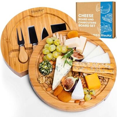 BlauKe ® Plateau à Fromages en Bois de Bambou avec Ensemble de Couteaux et Fourchette BlauKe ® Plateau à Fromages en Bois de Bambou avec Ensemble de Couteaux et Fourchette