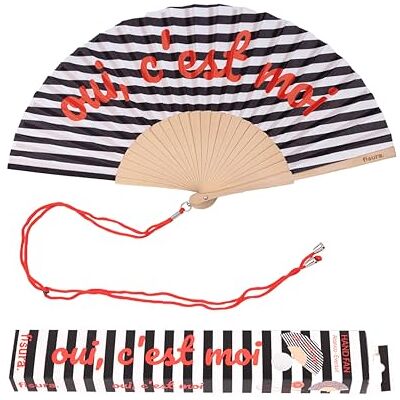 Fisura – Éventail en bois à rayures avec message “oui, c’est moi”. Accessoire chic et coloré, ventilateur de poche noir et blanc avec crochet inclus. Taille : 42,5 x 23 cm Fisura – Éventail en bois à rayures avec message “oui, c’est moi”. Accessoire chic et coloré, ventilateur de poche noir et blanc avec crochet inclus. Taille : 42,5 x 23 cm