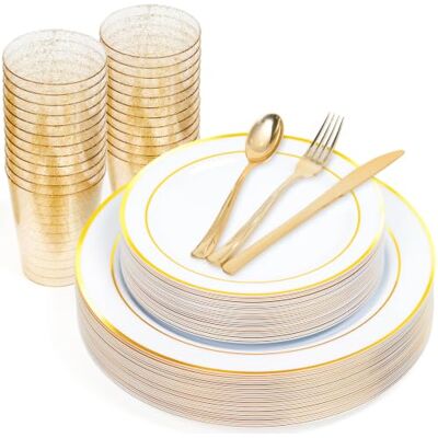 MATANA 150 Pièces Vaisselle de Fête Réutilisable Blanc & Or (25 Invités) – Assiettes, Couverts et Gobelets Élégants en Plastique Solide pour Mariages, Anniversaires, Noël et Fêtes MATANA 150 Pièces Vaisselle de Fête Réutilisable Blanc & Or (25 Invités) – Assiettes, Couverts et Gobelets Élégants en Plastique Solide pour Mariages, Anniversaires, Noël et Fêtes