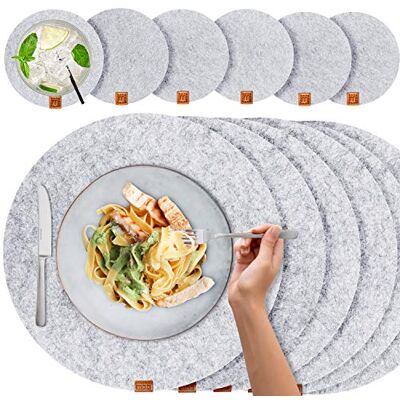 Miqio ® Feutre et cuir – Sets de table design (ronds) – Lot de 6 sets de table lavables de qualité supérieure de 37 cm et 6 dessous de verre (gris chiné) Miqio ® Feutre et cuir – Sets de table design (ronds) – Lot de 6 sets de table lavables de qualité supérieure de 37 cm et 6 dessous de verre (gris chiné)