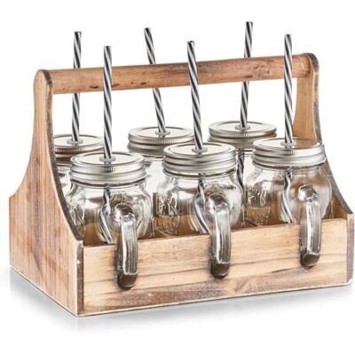 Avilia Set plateau en bois avec 6 bouteilles en verre pour pique-nique et piscines 29 x 22,5 x 22,1 cm, marron Avilia Set plateau en bois avec 6 bouteilles en verre pour pique-nique et piscines 29 x 22,5 x 22,1 cm, marron