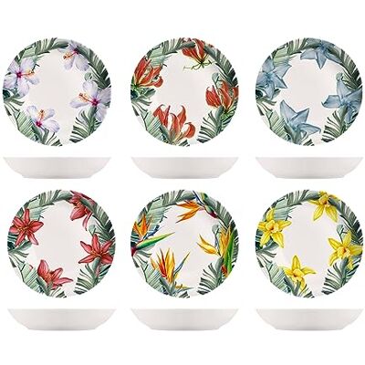 H&H Lot de 6 assiettes creuses exotiques en porcelaine ivoire décorée 21 cm H&H Lot de 6 assiettes creuses exotiques en porcelaine ivoire décorée 21 cm