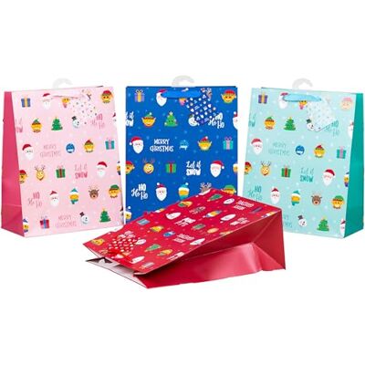 Heku Lot de 24 sacs cadeaux de Noël XL 33 x 26 x 13 cm I Motifs Père Noël souriant avec finition vernis UV I Quatre couleurs I Avec cartes pliantes I Papier de qualité supérieure I Idéal pour les Heku Lot de 24 sacs cadeaux de Noël XL 33 x 26 x 13 cm I Motifs Père Noël souriant avec finition vernis UV I Quatre couleurs I Avec cartes pliantes I Papier de qualité supérieure I Idéal pour les