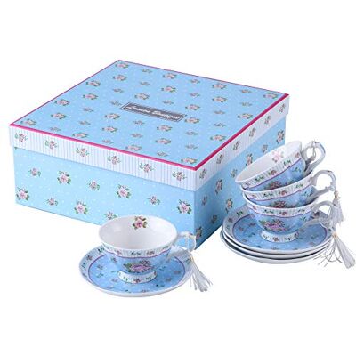 London Boutique Lot de 4 Tasses à thé et soucoupes en Porcelaine Vintage Motif Oiseaux et Papillons Bleu Rose London Boutique Lot de 4 Tasses à thé et soucoupes en Porcelaine Vintage Motif Oiseaux et Papillons Bleu Rose