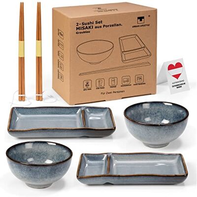 Urban Lifestyle Set Sushi pour 2 Service Sushi Japonais en Céramique, 2 Assiettes, 2 Bols pour Riz Sushi & Soupe Miso, 2 Paires de Baguettes Sushi Bambou MISAKI (Gris Bleu) Urban Lifestyle Set Sushi pour 2 Service Sushi Japonais en Céramique, 2 Assiettes, 2 Bols pour Riz Sushi & Soupe Miso, 2 Paires de Baguettes Sushi Bambou MISAKI (Gris Bleu)