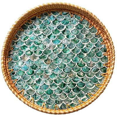 Jungle Culture Plateau de service en rotin de 30 cm avec incrustation en nacre • Collection Coastal Boho • Tissé à la main avec poignées pour la maison • Plateau de table de salle à manger rond Jungle Culture Plateau de service en rotin de 30 cm avec incrustation en nacre • Collection Coastal Boho • Tissé à la main avec poignées pour la maison • Plateau de table de salle à manger rond