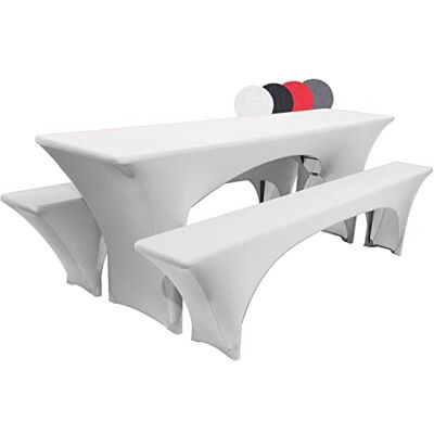 Beautissu Nappe stretch pour table de brasserie Jardin avec 2 housses 220x70cm + 2 220x25cm blanc de bancs extensible set pièces élégante pliante Victoria Beautissu Nappe stretch pour table de brasserie Jardin avec 2 housses 220x70cm + 2 220x25cm blanc de bancs extensible set pièces élégante pliante Victoria