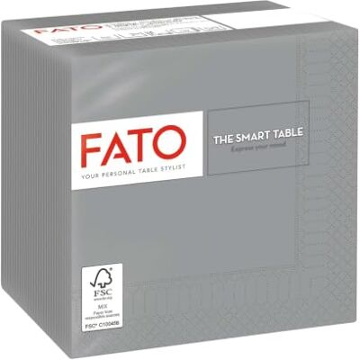 FATO Serviettes en papier jetables, idéales pour les apéritifs et les cocktails, paquet de 100 serviettes, format 24x24, 4 plis, 2 plis, couleur grise, 100% pur papier de cellulose, certifié FSC FATO Serviettes en papier jetables, idéales pour les apéritifs et les cocktails, paquet de 100 serviettes, format 24x24, 4 plis, 2 plis, couleur grise, 100% pur papier de cellulose, certifié FSC