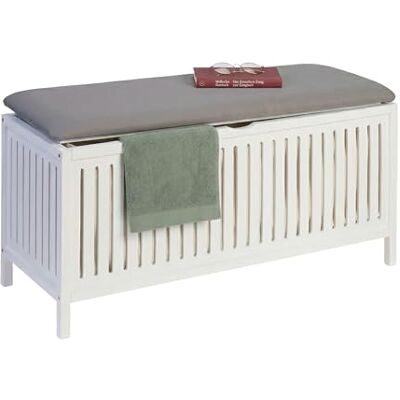 Relaxdays panier à linge avec siège, tabouret de bain blanc/gris couvercle rembourré, noyer, HxLxP 50 x 100 x 38 cm Relaxdays panier à linge avec siège, tabouret de bain blanc/gris couvercle rembourré, noyer, HxLxP 50 x 100 x 38 cm