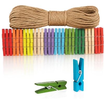 com-four ® 120x mini pinces à linge et 50 m de corde de jute petites pinces en bois colorées comme décoration pour photos collages cartes postales com-four ® 120x mini pinces à linge et 50 m de corde de jute petites pinces en bois colorées comme décoration pour photos collages cartes postales