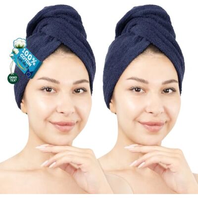 Hammetex Lot de 2 Serviettes pour Cheveux avec Bouton, 100% Coton, Séchage Rapide, Absorbant, Certifiées OEKO-TEX, Bleu Foncé Hammetex Lot de 2 Serviettes pour Cheveux avec Bouton, 100% Coton, Séchage Rapide, Absorbant, Certifiées OEKO-TEX, Bleu Foncé