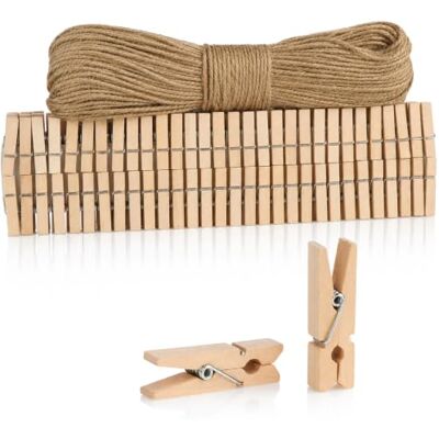com-four ® 120x mini-pinces à linge et 50 m de corde de jute petites pinces à linge en bois comme décoration de photo com-four ® 120x mini-pinces à linge et 50 m de corde de jute petites pinces à linge en bois comme décoration de photo