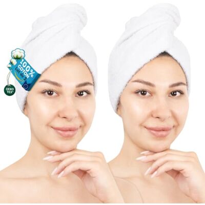 Hammetex Lot de 2 Serviettes pour Cheveux avec Bouton, 100% Coton, Séchage Rapide, Absorbant, Certifiées OEKO-TEX, Blanc Hammetex Lot de 2 Serviettes pour Cheveux avec Bouton, 100% Coton, Séchage Rapide, Absorbant, Certifiées OEKO-TEX, Blanc