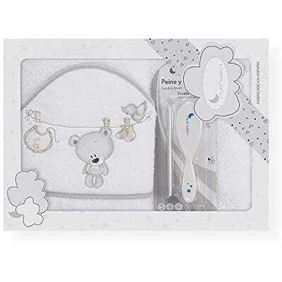 Interbaby Serviette à capuche pour nouveau-né Tendero OSO en blanc et gris avec set de brosse et peigne – 900 g Interbaby Serviette à capuche pour nouveau-né Tendero OSO en blanc et gris avec set de brosse et peigne – 900 g