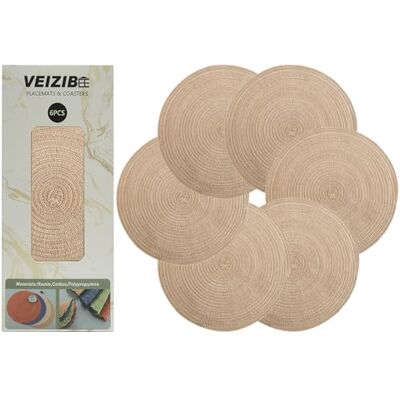 VEIZIBEE Sets de table ronds lavables, sets de table tissés à la main, antidérapants, intérieurs, lot de 6 sets de table en tissu tressé pour cuisine style européen (Beige, 38 cm) VEIZIBEE Sets de table ronds lavables, sets de table tissés à la main, antidérapants, intérieurs, lot de 6 sets de table en tissu tressé pour cuisine style européen (Beige, 38 cm)