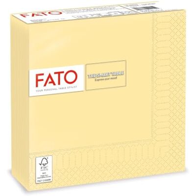 FATO Serviettes en papier jetables, idéales pour les déjeuners informels et les buffets, paquet de 50 serviettes, format 33x33, pliées en 4, 2 plis, couleur champagne, papier 100% pure cellulose FATO Serviettes en papier jetables, idéales pour les déjeuners informels et les buffets, paquet de 50 serviettes, format 33x33, pliées en 4, 2 plis, couleur champagne, papier 100% pure cellulose