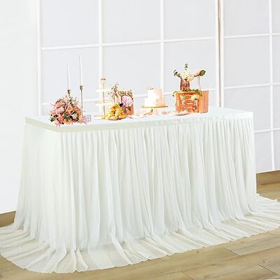 NSSONBEN Jupe de table En tulle ivoire 183 x 77 cm Décoration de table pour fête prénatale de filles, mariage, anniversaire ou communion NSSONBEN Jupe de table En tulle ivoire 183 x 77 cm Décoration de table pour fête prénatale de filles, mariage, anniversaire ou communion