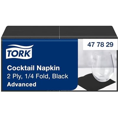 Tork Serviette Cocktail noire, 477829 1/4 plier, 2 pli, 200 serviettes, 11.9cm x 11.9cm chaque Tork Serviette Cocktail noire, 477829 1/4 plier, 2 pli, 200 serviettes, 11.9cm x 11.9cm chaque