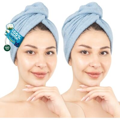 Hammetex Lot de 2 Serviettes pour Cheveux avec Bouton, 100% Coton, Séchage Rapide, Absorbant, Certifiées OEKO-TEX, Bleu Clair Hammetex Lot de 2 Serviettes pour Cheveux avec Bouton, 100% Coton, Séchage Rapide, Absorbant, Certifiées OEKO-TEX, Bleu Clair