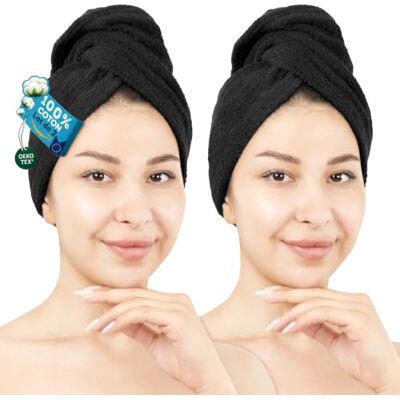 Hammetex Lot de 2 Serviettes pour Cheveux avec Bouton, 100% Coton, Séchage Rapide, Absorbant, Certifiées OEKO-TEX, Noir Hammetex Lot de 2 Serviettes pour Cheveux avec Bouton, 100% Coton, Séchage Rapide, Absorbant, Certifiées OEKO-TEX, Noir