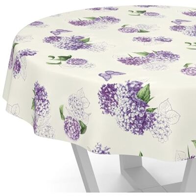 ANRO Nappe en toile cirée lavable, pour table de jardin, de forme ronde, ovale ou rectangulaire, ronde, 140 cm, bord coupé, motif fleurs lilas ANRO Nappe en toile cirée lavable, pour table de jardin, de forme ronde, ovale ou rectangulaire, ronde, 140 cm, bord coupé, motif fleurs lilas