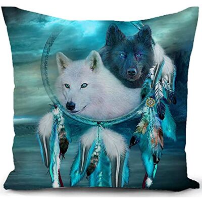 KUNQIAN Housse de coussin motif loup attrape-rêves bleu sarcelle 45 x 45 cm KUNQIAN Housse de coussin motif loup attrape-rêves bleu sarcelle 45 x 45 cm