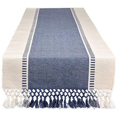 DII Chemin de table tissé en coton, bleu français, 33 x 183 cm (33 x 190 cm, franges incluses) DII Chemin de table tissé en coton, bleu français, 33 x 183 cm (33 x 190 cm, franges incluses)