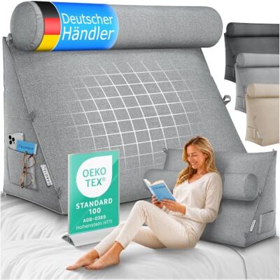 ELONEO Coussin de dossier 90 cm de large avec rouleau cervical réglable et amovible, coussin triangulaire pour lit et canapé, coussin de lecture, coussin avec housse lavable ELONEO Coussin de dossier 90 cm de large avec rouleau cervical réglable et amovible, coussin triangulaire pour lit et canapé, coussin de lecture, coussin avec housse lavable