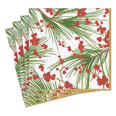 Caspari Lot de 20 serviettes en papier pour cocktail Motif baies et pin Caspari Lot de 20 serviettes en papier pour cocktail Motif baies et pin