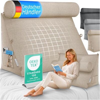 ELONEO Coussin de dossier 90 cm de large avec rouleau cervical réglable et amovible, coussin triangulaire pour lit et canapé, coussin de lecture, coussin avec housse lavable ELONEO Coussin de dossier 90 cm de large avec rouleau cervical réglable et amovible, coussin triangulaire pour lit et canapé, coussin de lecture, coussin avec housse lavable