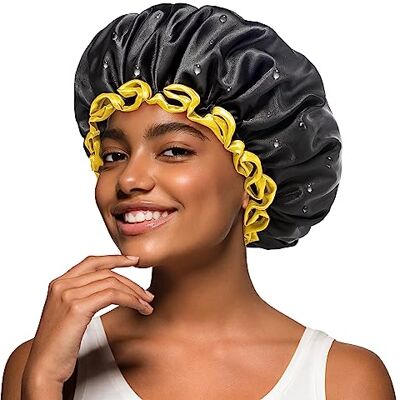 mikimini Lot de 2 bonnets de douche noirs pour femmes, hommes et filles, réutilisables, double couche, imperméable, avec doublure en PEVA douce et confortable, bonnet de douche extensible mikimini Lot de 2 bonnets de douche noirs pour femmes, hommes et filles, réutilisables, double couche, imperméable, avec doublure en PEVA douce et confortable, bonnet de douche extensible