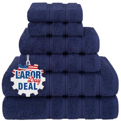 American Soft Linen Lot de 6 serviettes, 2 draps de bain, 2 essuie-mains, 2 débarbouillettes, 100% coton turc, pour salle de bain, bleu marine American Soft Linen Lot de 6 serviettes, 2 draps de bain, 2 essuie-mains, 2 débarbouillettes, 100% coton turc, pour salle de bain, bleu marine
