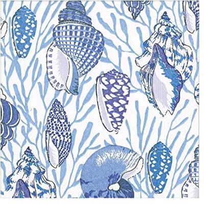 Caspari Lot de 20 serviettes de table carrées en papier Motif coquillages Bleu 33 cm Caspari Lot de 20 serviettes de table carrées en papier Motif coquillages Bleu 33 cm