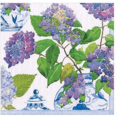 Caspari Lot de 20 serviettes en papier hortensias et porcelaine Caspari Lot de 20 serviettes en papier hortensias et porcelaine