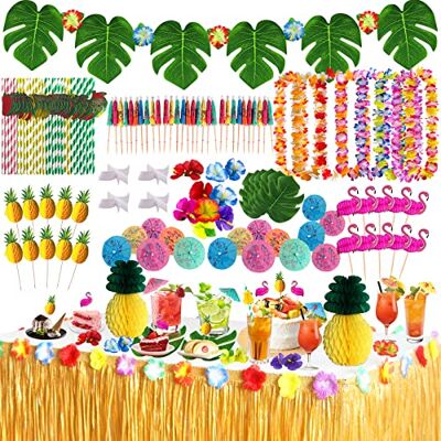JUQG 107 Pcs Hawaïenne Luau Table Jupe Set de Décoration, Kit de Décoration de Fête Hawaïenne, Décorations de Fête, Couronne, Fleurs, Parfait pour L'été à la Plage et les Soirées à Thème Hawaïennes JUQG 107 Pcs Hawaïenne Luau Table Jupe Set de Décoration, Kit de Décoration de Fête Hawaïenne, Décorations de Fête, Couronne, Fleurs, Parfait pour L'été à la Plage et les Soirées à Thème Hawaïennes