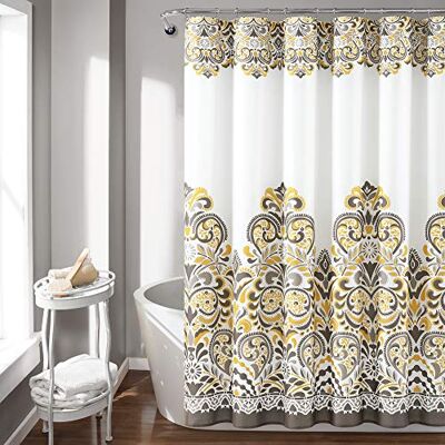 Lush Decor Clara Rideau de douche en tissu coloré imprimé cachemire damassé 183 x 183 cm Jaune et marron Lush Decor Clara Rideau de douche en tissu coloré imprimé cachemire damassé 183 x 183 cm Jaune et marron