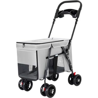 TSLVTA Poussette pliable pour chien avec 5 fenêtres, robuste, stable, respirante, 30 kg, très résistante, grand espace, gris TSLVTA Poussette pliable pour chien avec 5 fenêtres, robuste, stable, respirante, 30 kg, très résistante, grand espace, gris