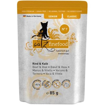 Catz finefood Senior N°07 Nourriture humide pour chat au bœuf et au veau – Nourriture humide de qualité supérieure pour votre chat senior – Sans céréales, sans sucre, haute teneur en viande, vitamines Catz finefood Senior N°07 Nourriture humide pour chat au bœuf et au veau – Nourriture humide de qualité supérieure pour votre chat senior – Sans céréales, sans sucre, haute teneur en viande, vitamines