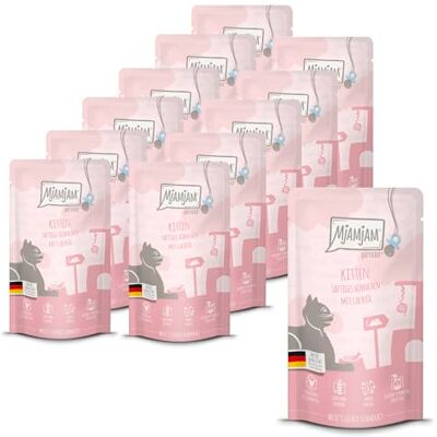 MjAMjAM nourriture humide premium pour chat Quetschie Poulet juteux pour chaton à l'huile de saumon, pack de 12 (12 x 125 g), sans céréales avec supplément de viande MjAMjAM nourriture humide premium pour chat Quetschie Poulet juteux pour chaton à l'huile de saumon, pack de 12 (12 x 125 g), sans céréales avec supplément de viande
